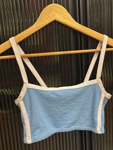 Blue Ribbed Crop Top with White Trim