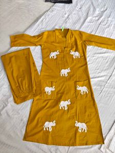 Yellow Kurta with Elephant Embroidery and Pant Set