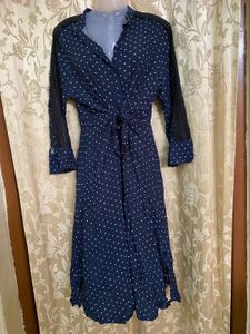ZARA Navy Polka Dot Tie-Front Dress