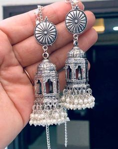 Oxidized Silver Bahubali Jhumka Earrings with Chai