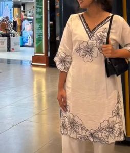 White Kurta with Black Floral Embroidery