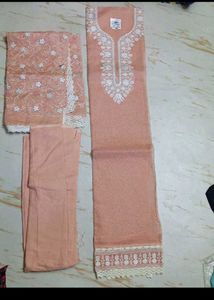Peach Embroidered unstitched suit Set with Dupatta