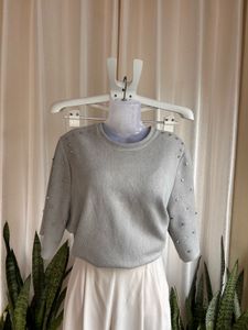 Zara chic Grey Studded Crewneck Top