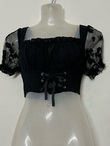 Pintresty Black Lace Puff Sleeve Crop Top