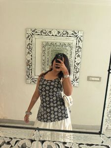 Women's Black Printed Kurti with Off-White Tiered