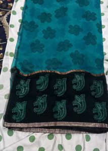 Elegant Teal & Black Floral Saree