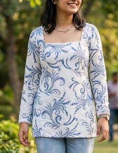 White Kurta with Blue Floral Print