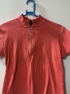 Coral Zip Neck T-Shirt