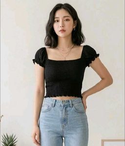 Black Smocked Crop Top