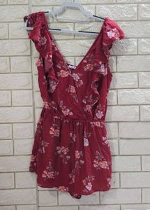American Eagle Maroon Floral Ruffle Romper