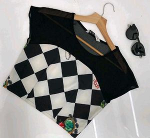 Stylish Checkerboard Embellished Top