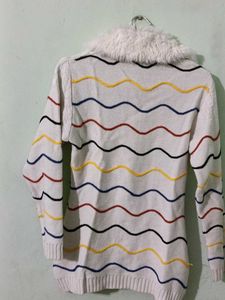 Fur Collar Striped Knit Sweater