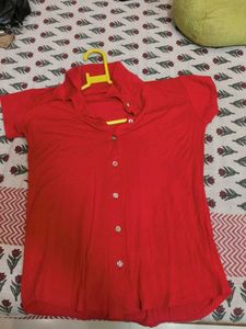 Vibrant Red Collared Button-Up Top