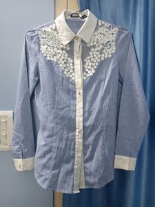 Elegant Blue Lace Detail Button-Up Shirt