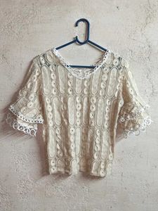Trendy See-through Lace Flutter Sleeve Blouse