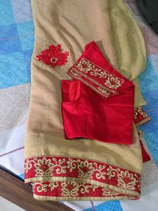 Elegant Beige &amp; Red Embroidered Saree
