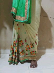 Cream Saree with Embroidered Floral Border