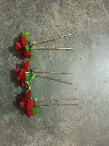 Set of 3 Red Rose Hair Pins