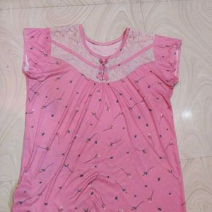 Pink Floral Print Nightgown with Lace Detail