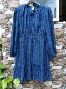 Blue Textured V-Neck Dress