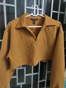 FOREVER 21 Brown Waffle Knit Shirt Style Crop Top