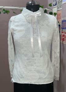 Elegant White Lace Top with Ribbon
