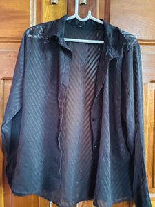 Sheer Striped Button-Up Shirt