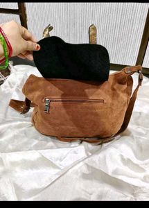 Brown Suede &amp; Gold Textured Shoulder Bag