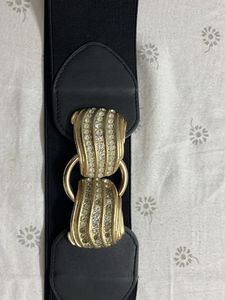 Elegant Black Elastic Belt with Gold Buckle