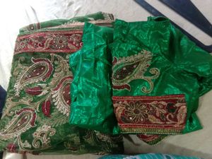 Green &amp; Red Embroidered Saree