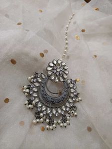 Black polish Oxidized Maang Tikka with Pearls
