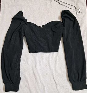 Edgy Black Square Neck Puff Sleeve Crop Top