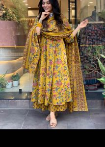 Yellow Floral Print Kurta Set with Dupatta