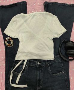 🤍 White Textured Tie-Front Top