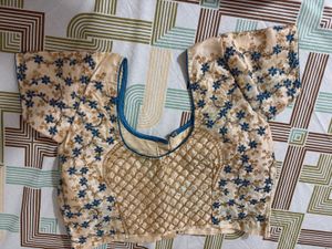 Embroidered Cream Blouse with Blue Floral Motifs