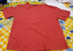 Chic Coral Eyelet T-Shirt