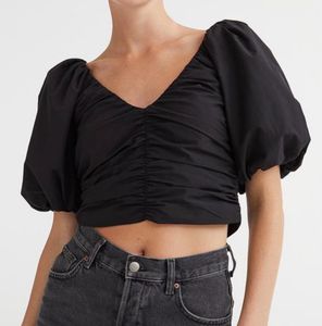 Chic Black Puff Sleeve Ruched Top