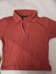 Coral Cropped Polo Top