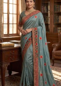 Elegant Embroidered Grey Saree new