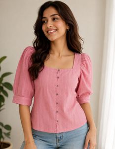 Cute Pink Puff Sleeve Square Neck Top