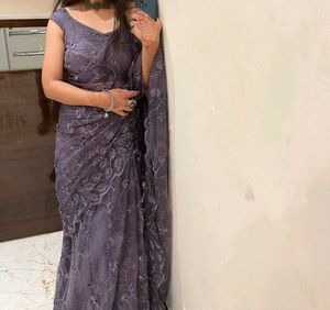 partywear grey saree with blouse