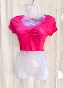 66209. Hot Pink Ribbed Ruched Crop Top