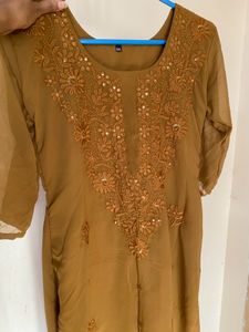 chikankari Kurta with Mirror Work -rustic brown