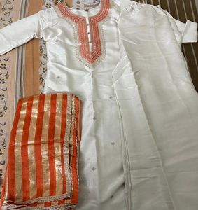 Elegant White Kurta Set with Orange Dupatta