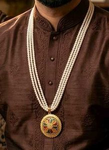 Men's Faux Pearl Necklace with Gold Plated Pendant