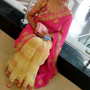Pink & Gold Saree With Petticoat And Blouse