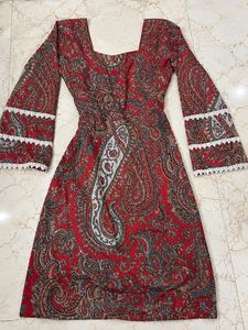 Red Paisley Print Kurta with Lace Cuffs