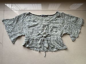 Sage Green Floral Tie-Up Crop Top