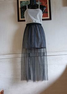 Chic Striped Maxi Skirt with Tulle Overlay
