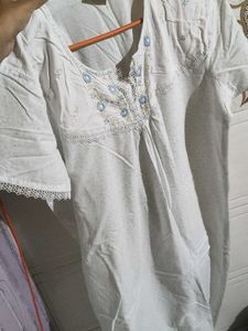 White Nightgown with Blue Floral Embroidery